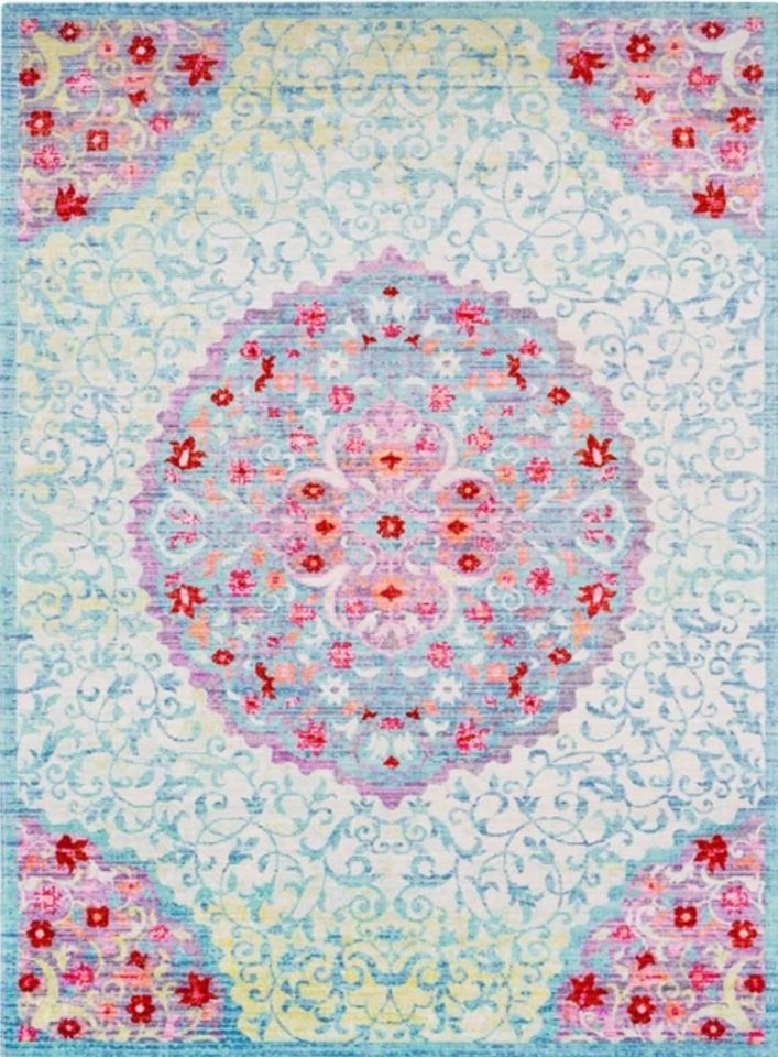 Flatweave Polyester 7'10 x 10ft Turquoise Pink Ivory Area Rug