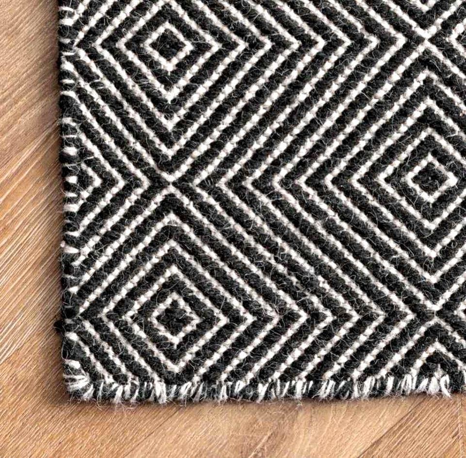 Premium Black Grey Geometric Wool Area Rug |  9' x 12'