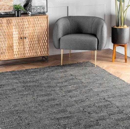 Premium Black Grey Geometric Wool Area Rug |  9' x 12'