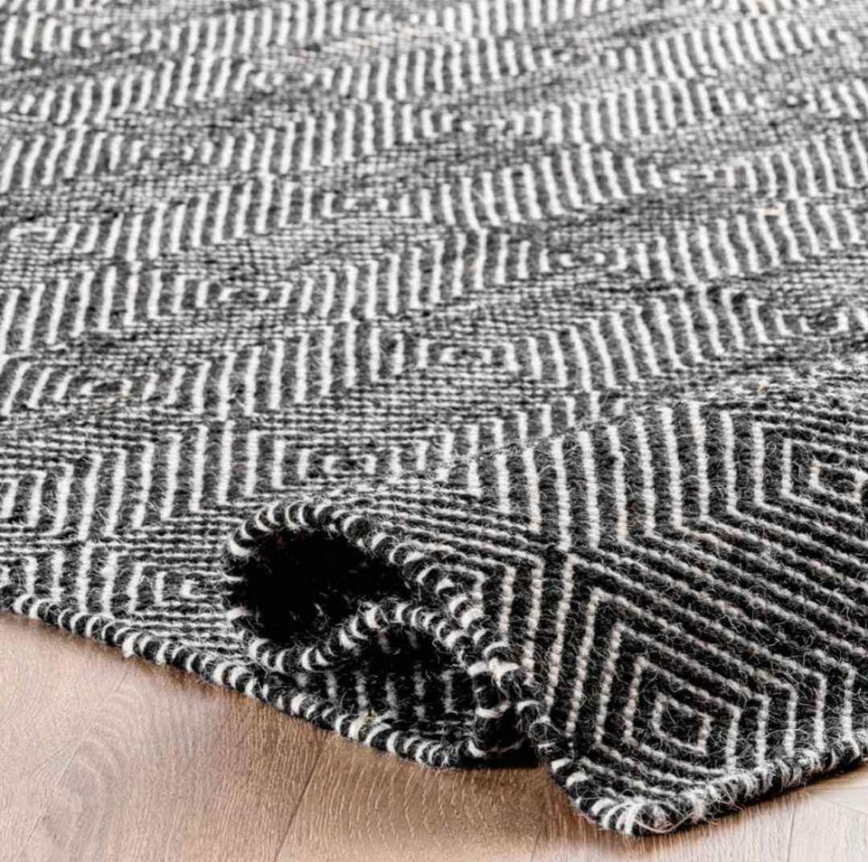 Premium Black Grey Geometric Wool Area Rug |  9' x 12'