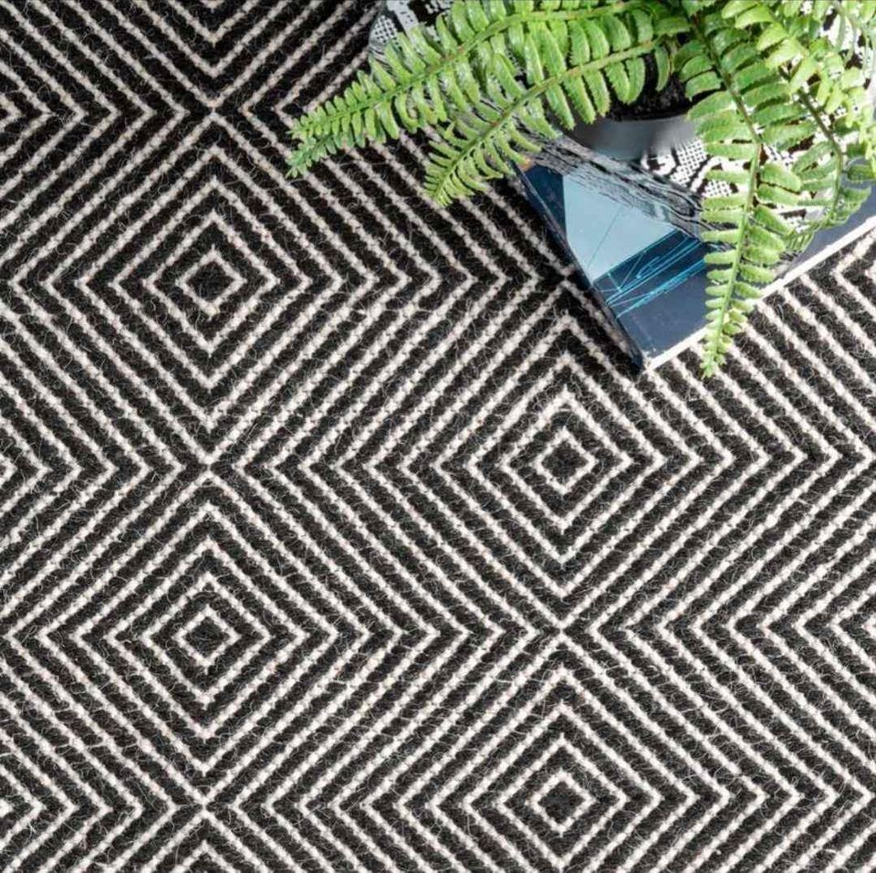 Premium Black Grey Geometric Wool Area Rug |  9' x 12'