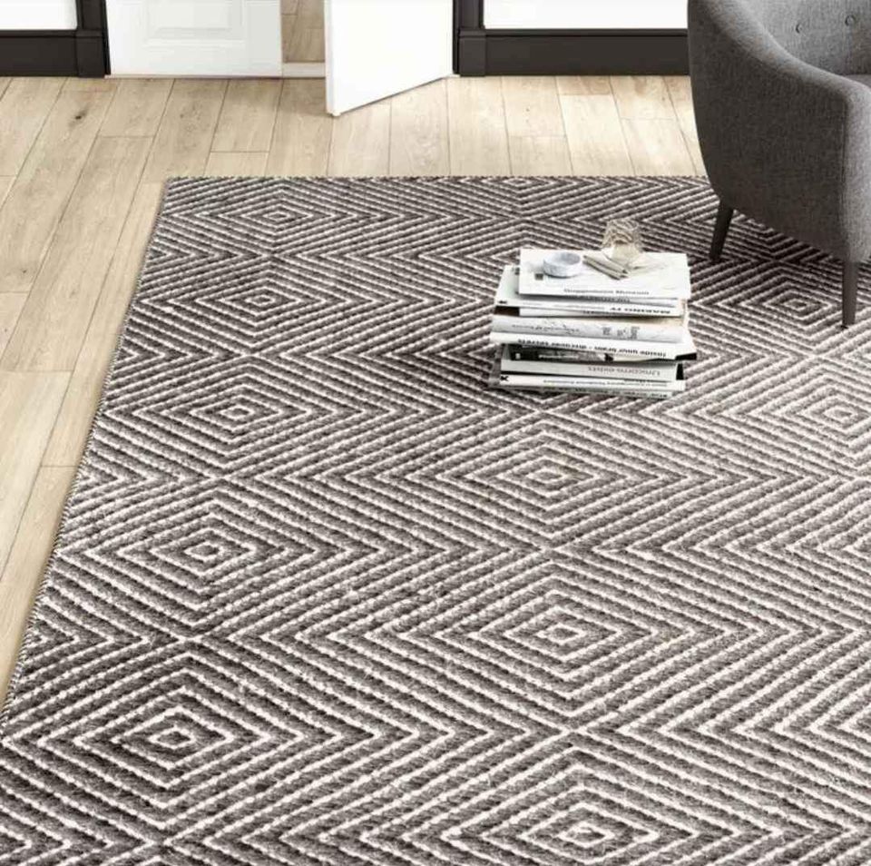 Premium Black Grey Geometric Wool Area Rug |  9' x 12'