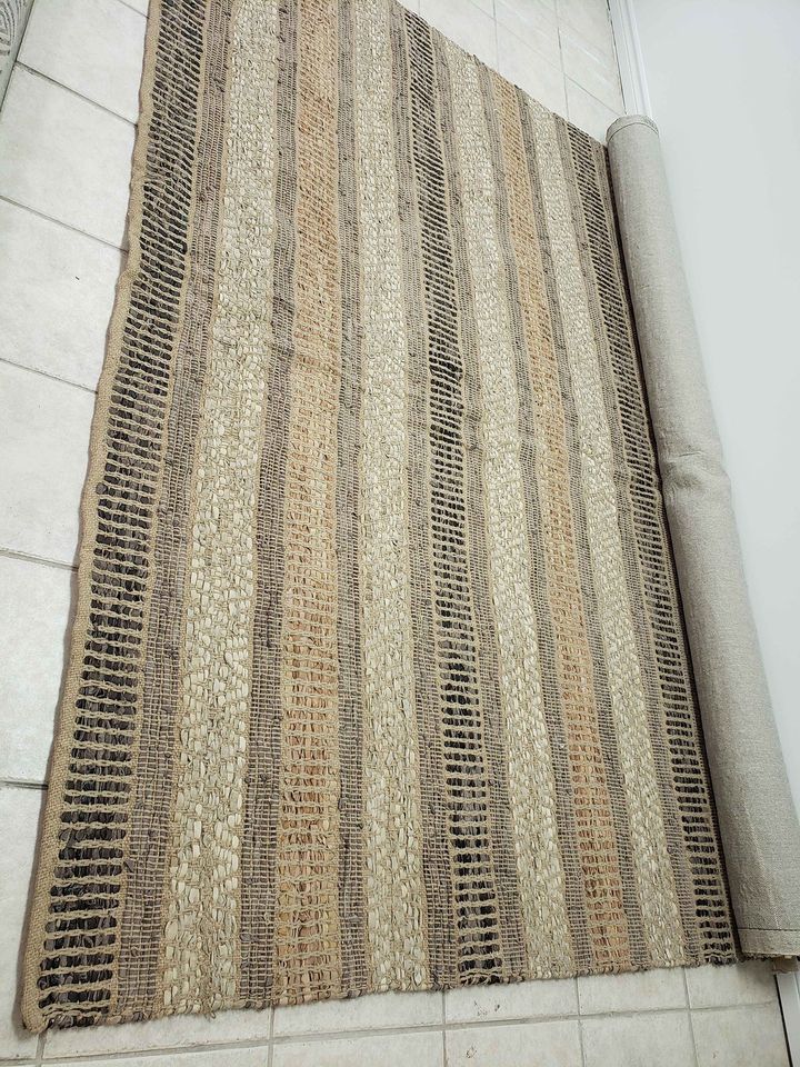 Chocolate Stripe Jute & Leather Area Rug 9x12 ft Carpet