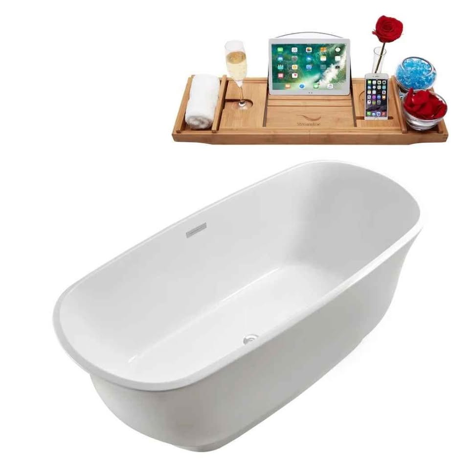59" White Streamline Soaking Freestanding Acrylic Bathtub with Tray and Drain