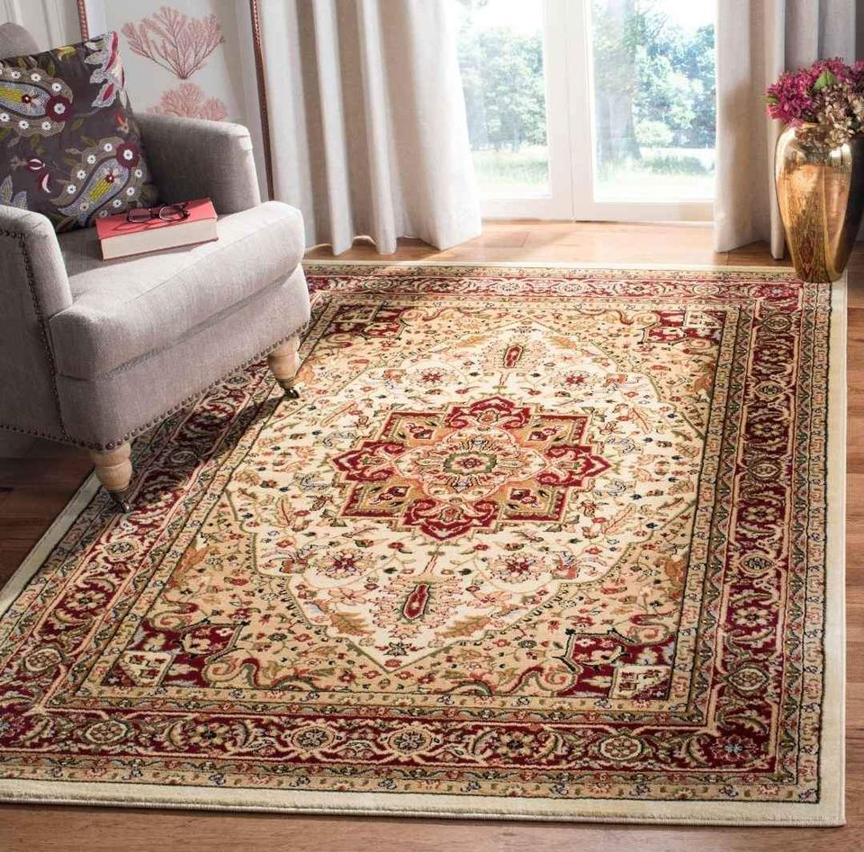 Beige Cream Medallion Area Rug 6x9 ft Red Vintage