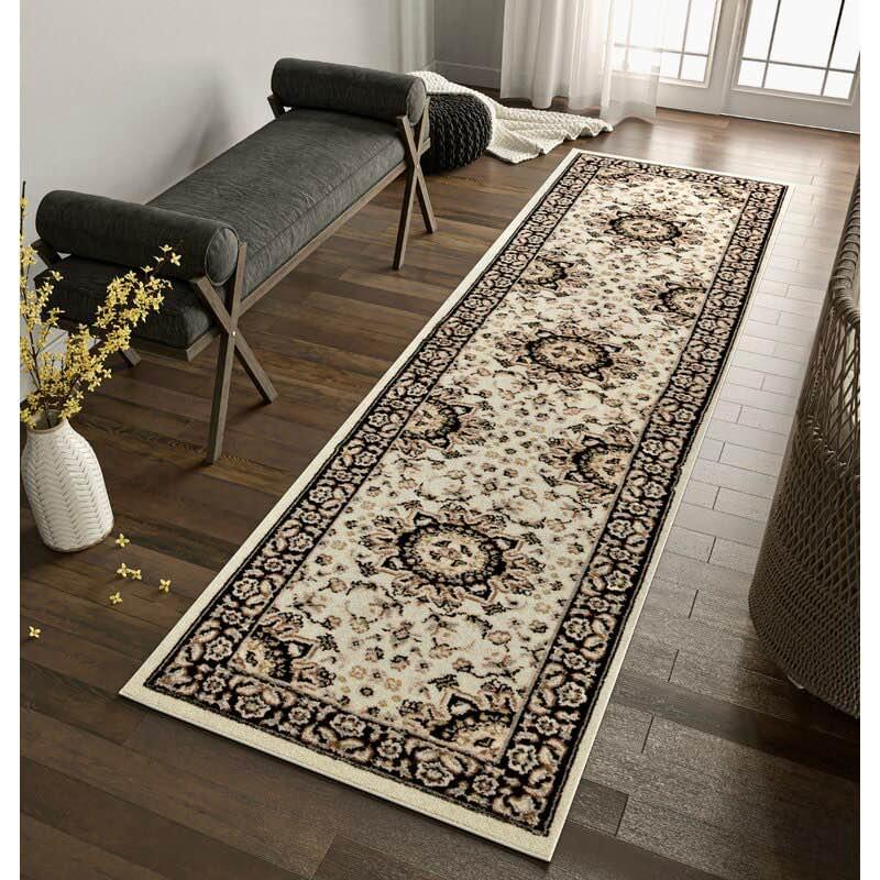 Ivory and Black Runner Rug 2x8 Hallway Area rug