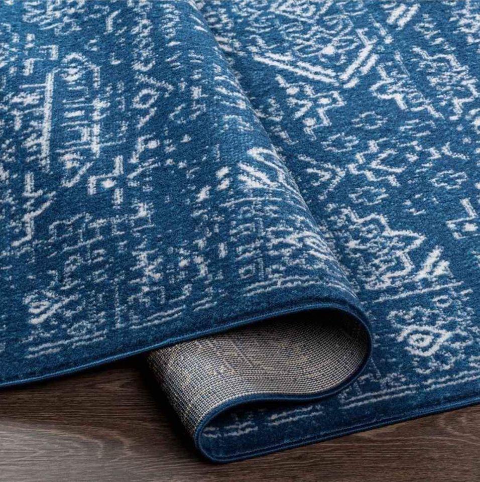 Blue Ivory Geometric Area Rug 8x10 Low pile Area rug