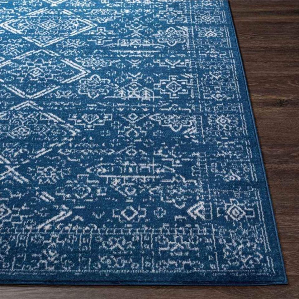 Blue Ivory Geometric Area Rug 8x10 Low pile Area rug