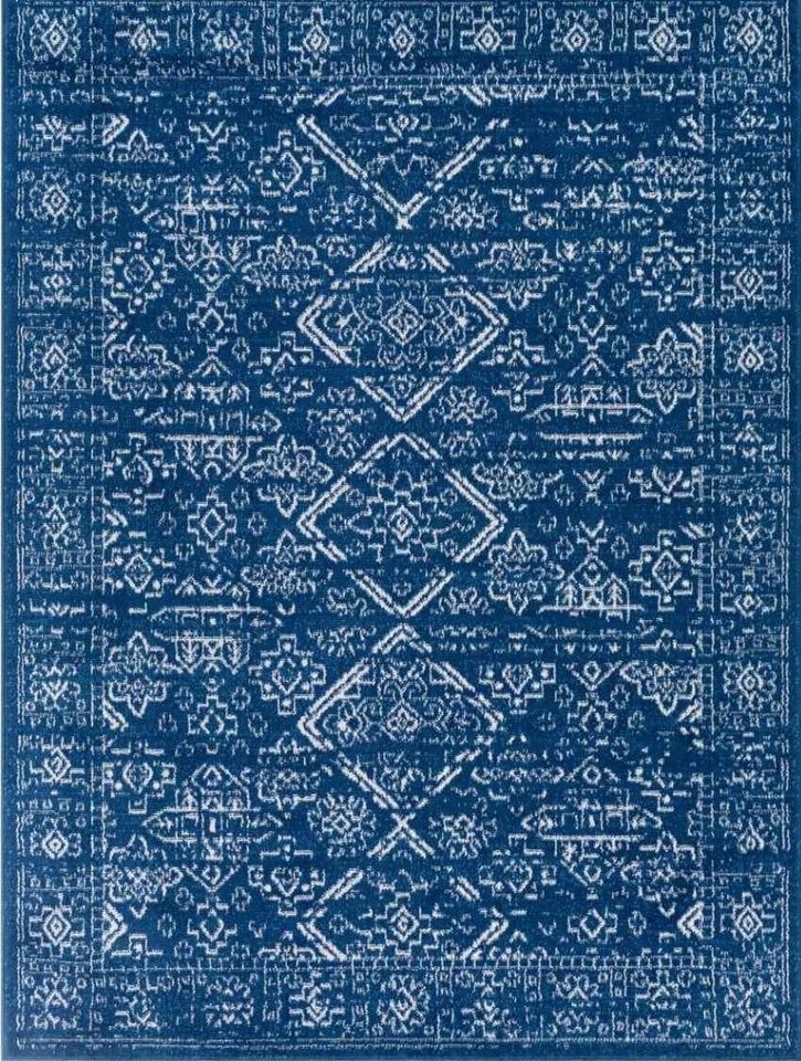 Blue Ivory Geometric Area Rug 8x10 Low pile Area rug