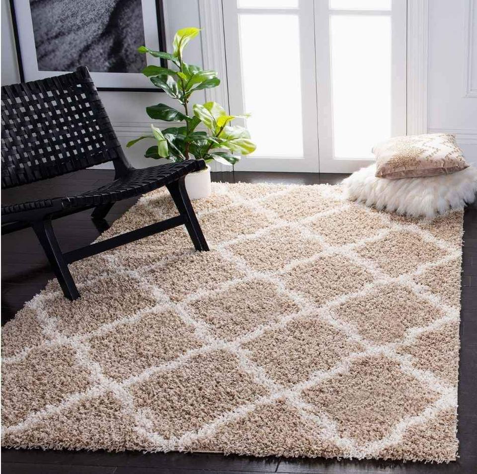 Dallas Shag Rug 8x10 Beige Cream Trellis Shag Area Rug