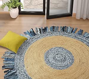 Ivory Blue Denim Tassel Round Jute Rug | 7' x 7'