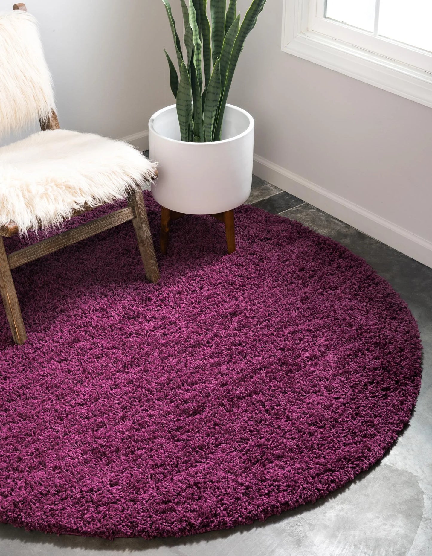 Elegant Eggplant Purple 8' x 8'ft Solid Shag Round Rug