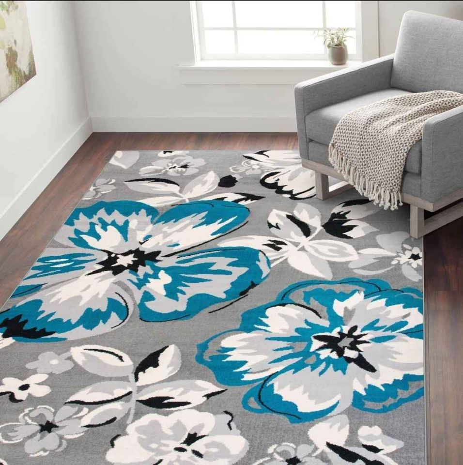 Flower Rug 7'6" x 9'5ft Blue Ivory Grey Floral Area Rug