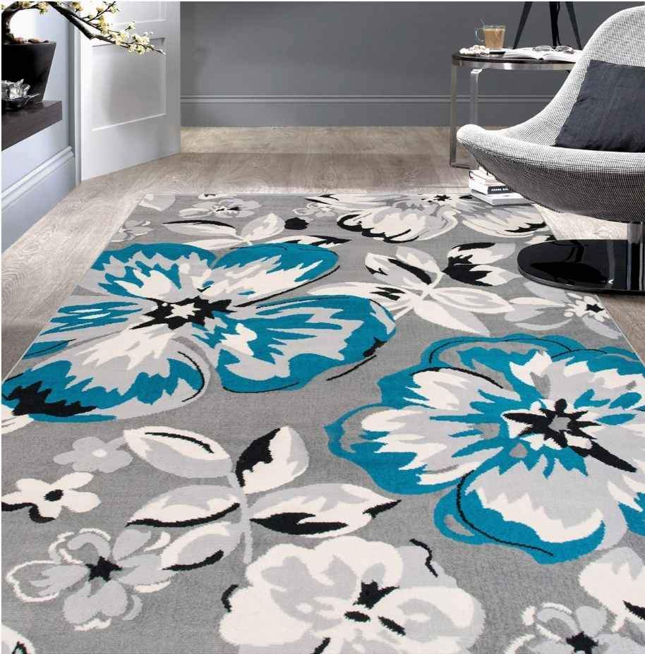 Flower Rug 7'6" x 9'5ft Blue Ivory Grey Floral Area Rug