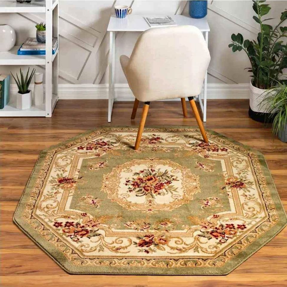 Green Rug 5' 3x 5'3ft Tan Octagon Area Rug