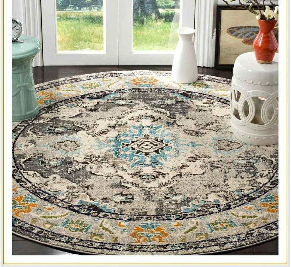 Grey Light Blue Round Area Rug 7' x 7'