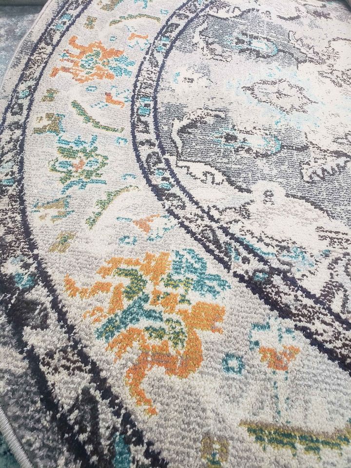 Grey Light Blue Round Area Rug 7' x 7'