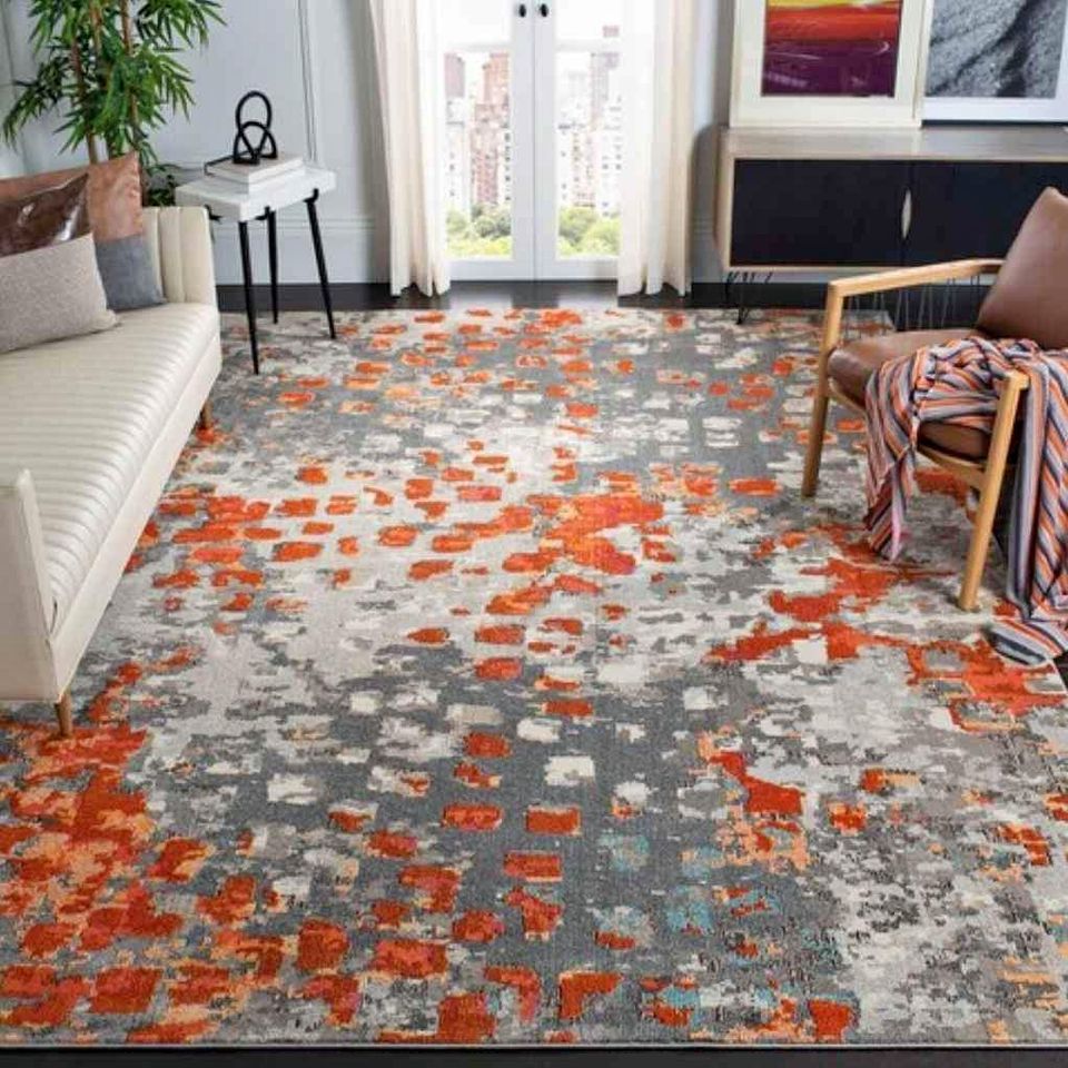 Abstract Area Rug Grey Orange Carpet | 5.7' x 7.6'