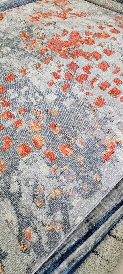 Abstract Area Rug Grey Orange Carpet | 5.7' x 7.6'