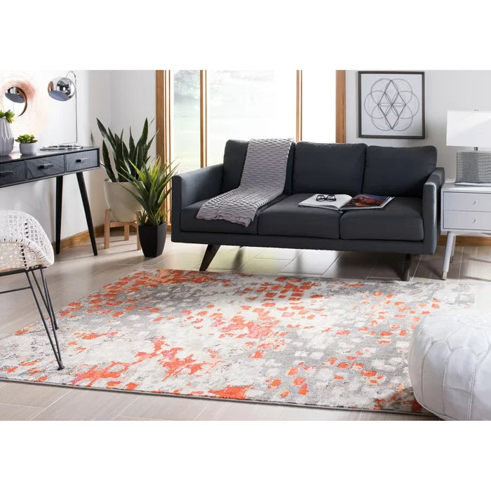 Abstract Area Rug Grey Orange Carpet | 5.7' x 7.6'