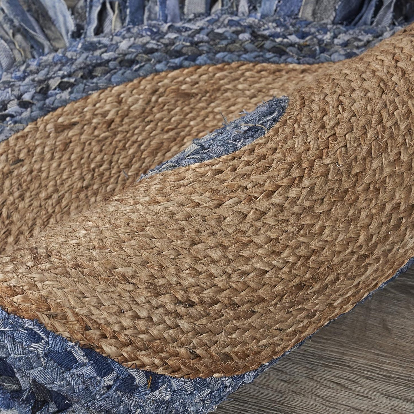 Ivory Blue Denim Tassel Round Jute Rug | 7' x 7'
