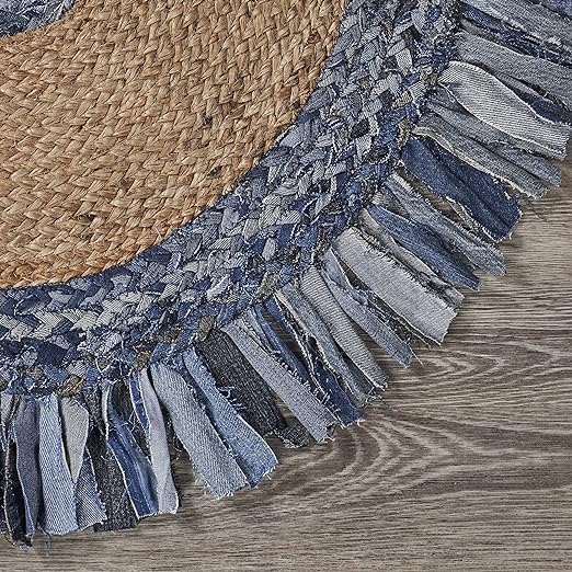 Ivory Blue Denim Tassel Round Jute Rug | 7' x 7'