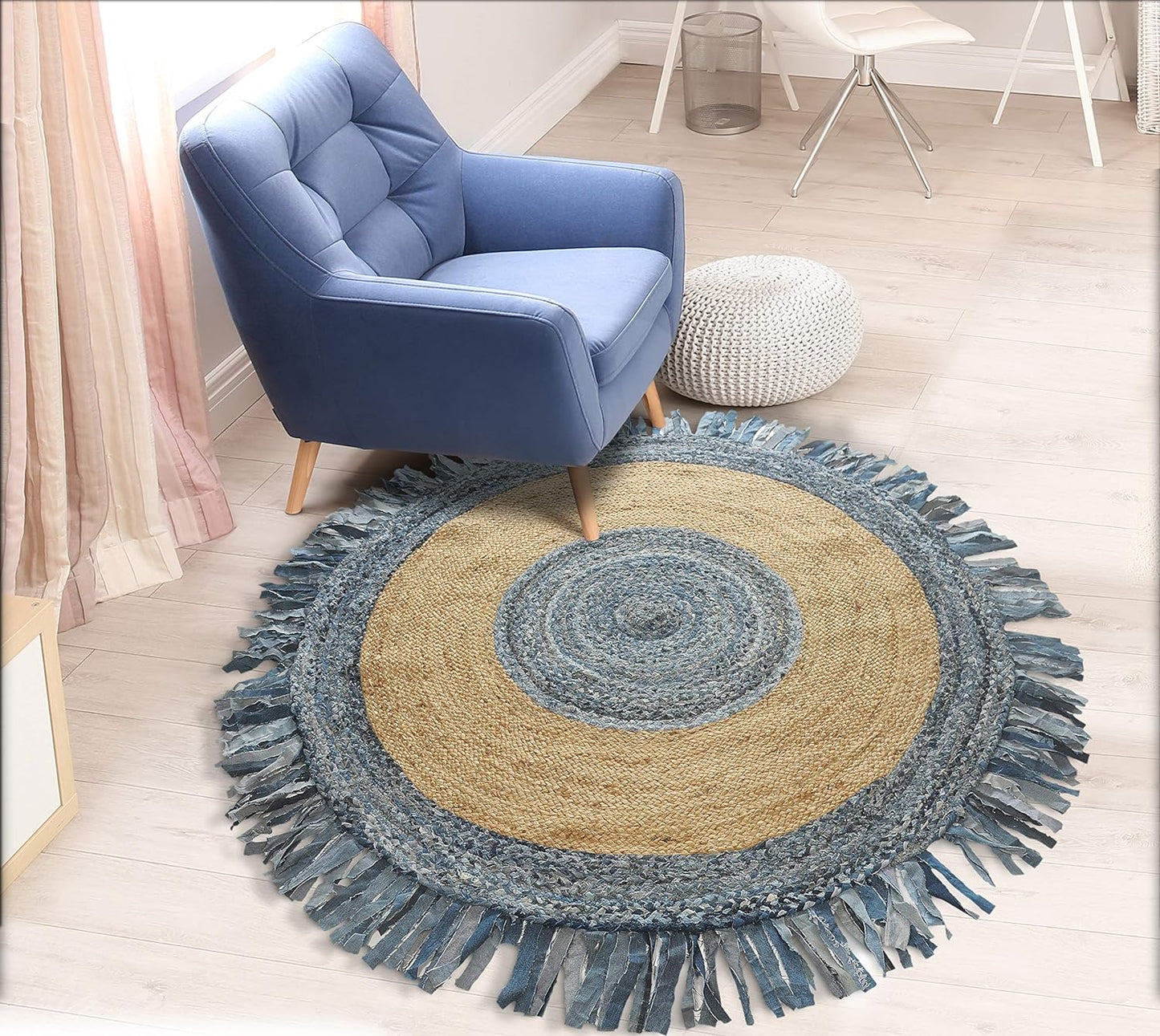 Ivory Blue Denim Tassel Round Jute Rug | 7' x 7'