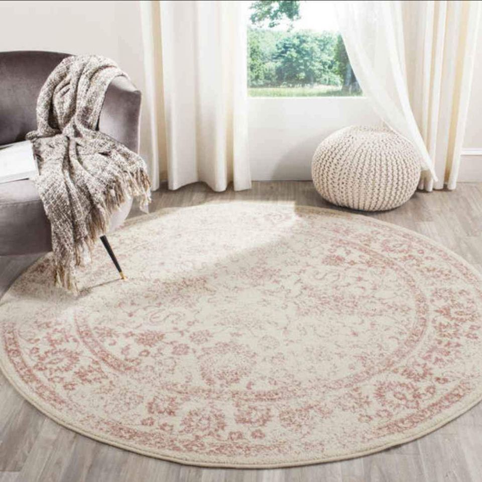 Chic Distressed Rug Ivory Pink Round Area Rug 6.7x6.7 ft