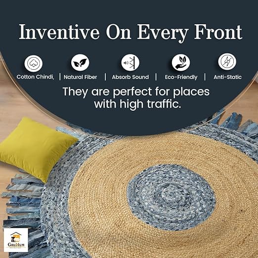 Ivory Blue Denim Tassel Round Jute Rug | 7' x 7'