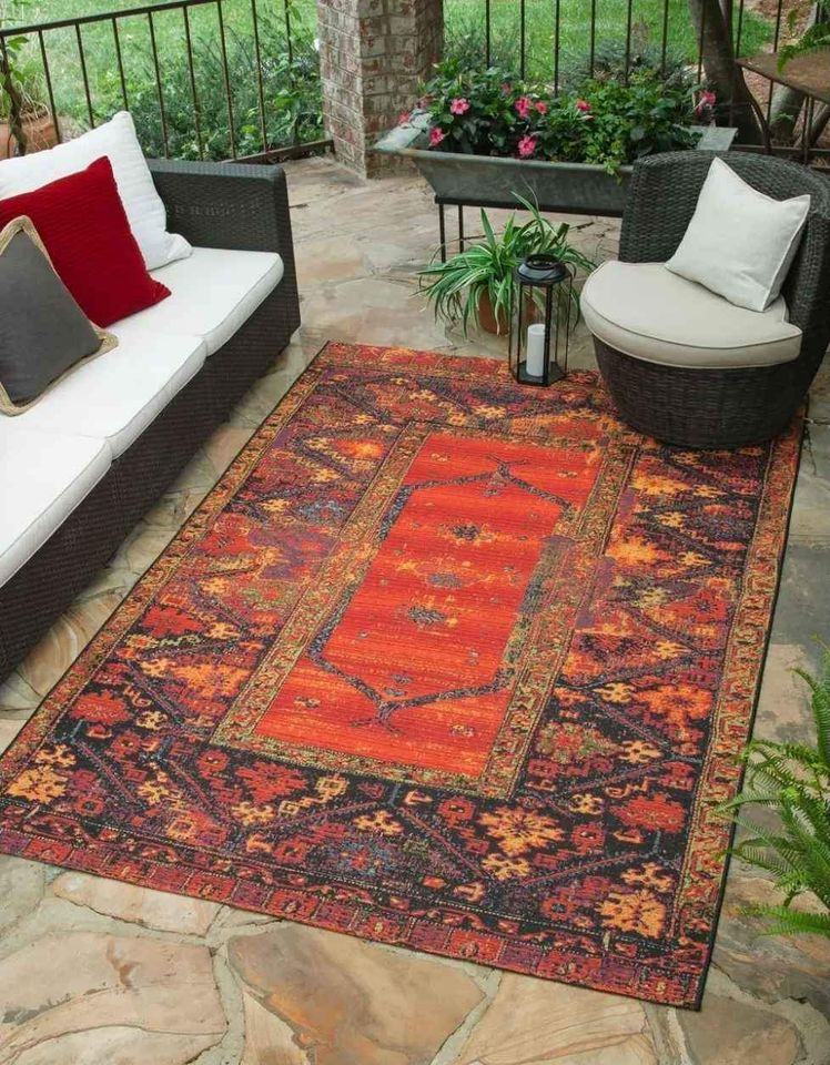 Red Orange Blue Multi Indoor Outdoor Area Rug | 8' x 10'