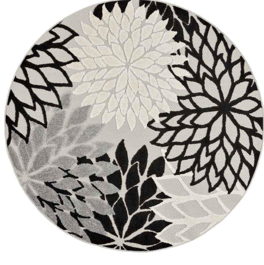 Black White Floral Indoor/Outdoor Area Rug | 5' Round