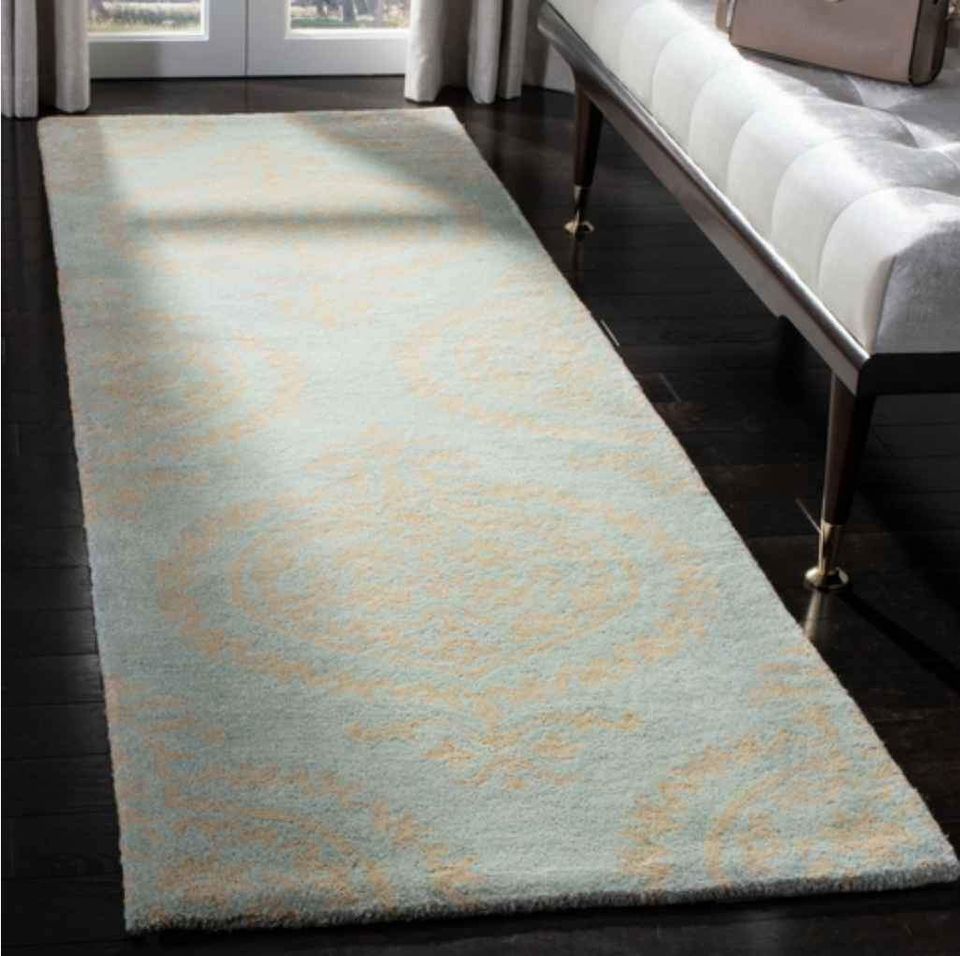 Turquoise Beige Wool Runner Rug 2'7 x 10 ft