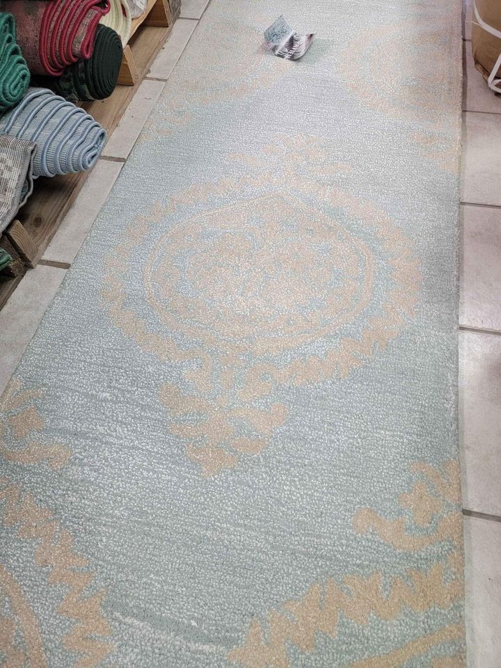 Turquoise Beige Wool Runner Rug 2'7 x 10 ft