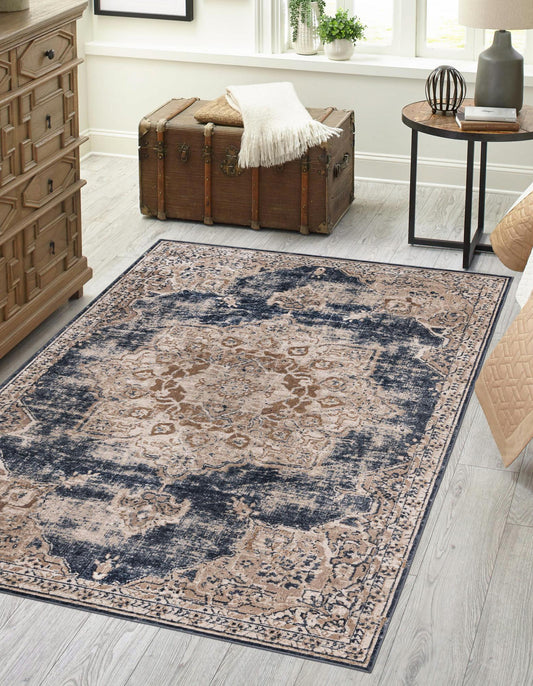 Chenille Oriental Area rug 5'0 x 8'0 ft Villa Blue Rug