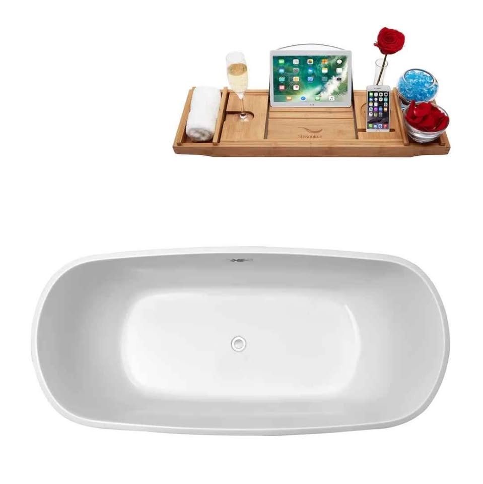 59" White Streamline Soaking Freestanding Acrylic Bathtub with Tray and Drain