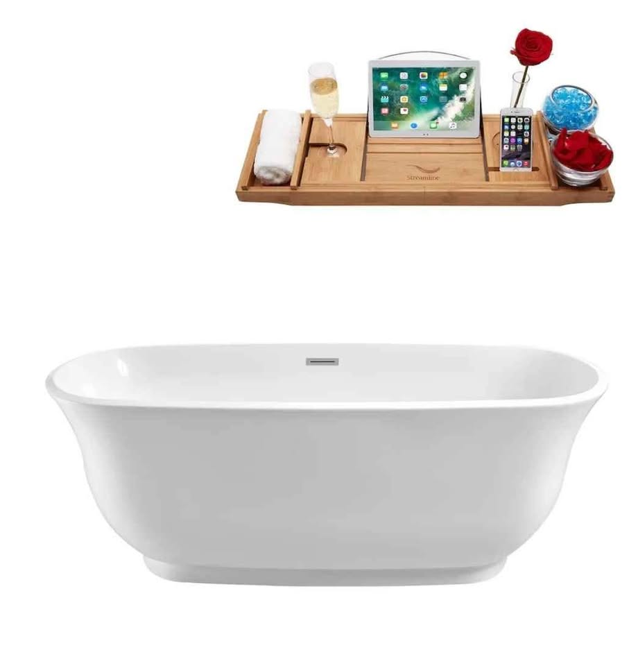 59" White Streamline Soaking Freestanding Acrylic Bathtub with Tray and Drain