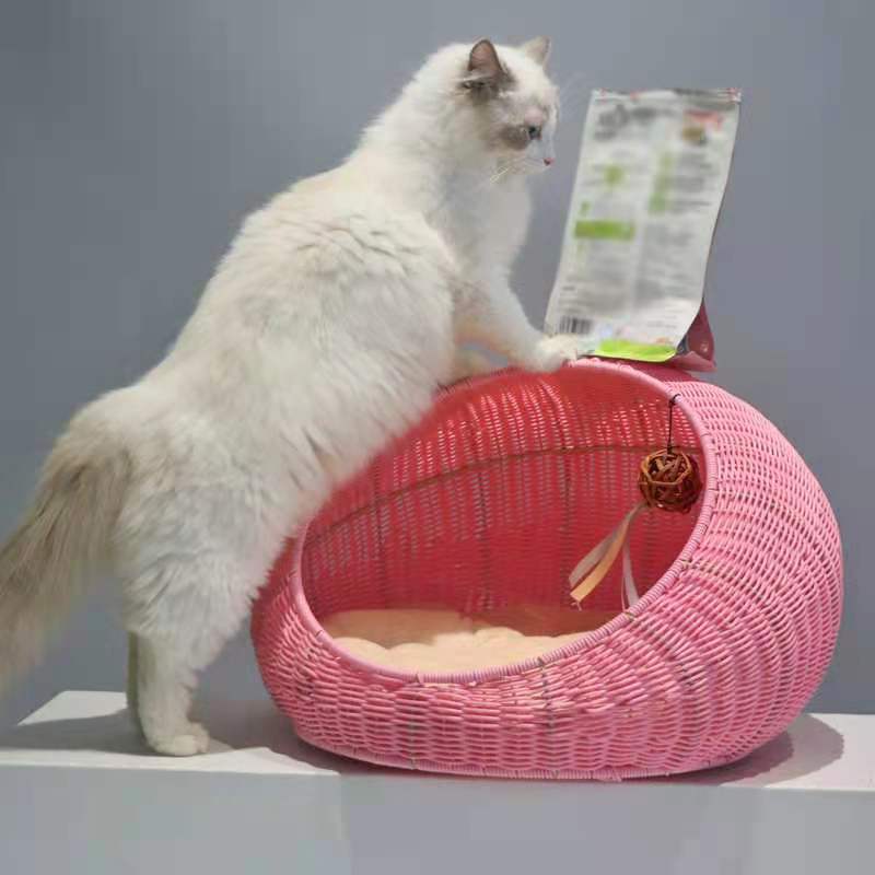 Woven Cat And Pet Nest Cozy Gourd-Shaped Cat Bed – Stylish Rattan-Like Plastic Design