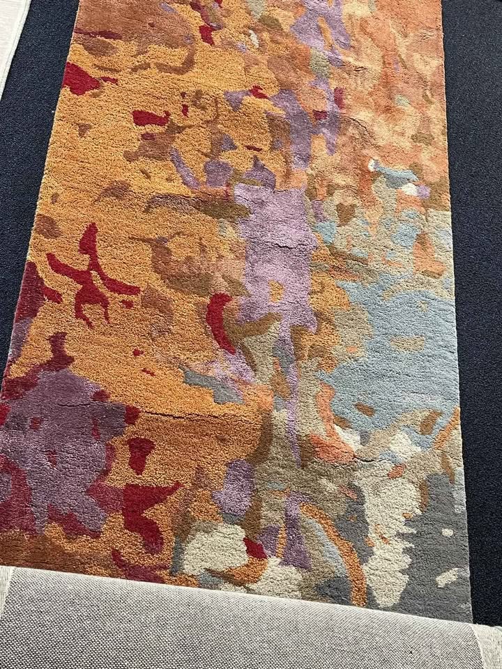 3x8 Orange Multi-Dense Abstract Wool Viscose Runner Rug