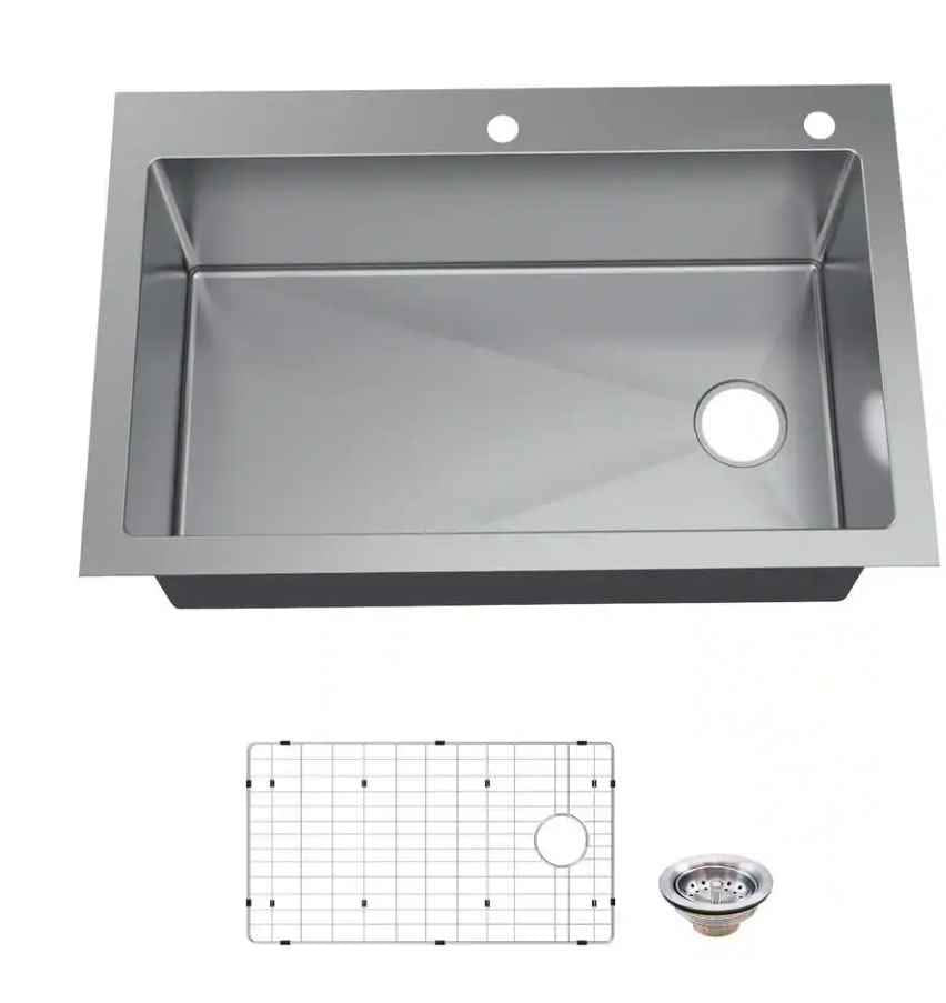 33" Drop-In Single Bowl Stainless Steel Kitchen Sink + Pull Down Faucet